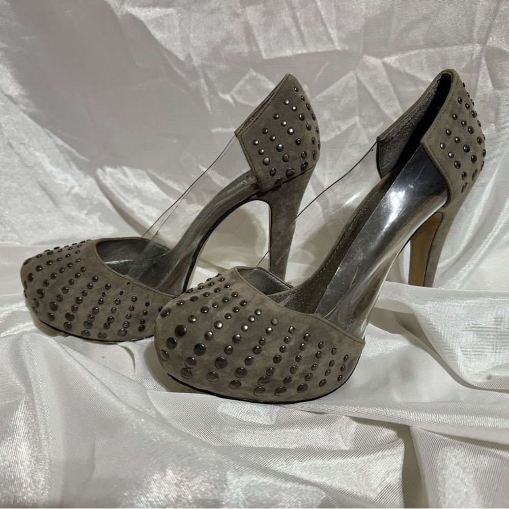 Gray Suede Stud & Clear Acrylic 5” Heel Shoes by Charlotte Russe sz 8